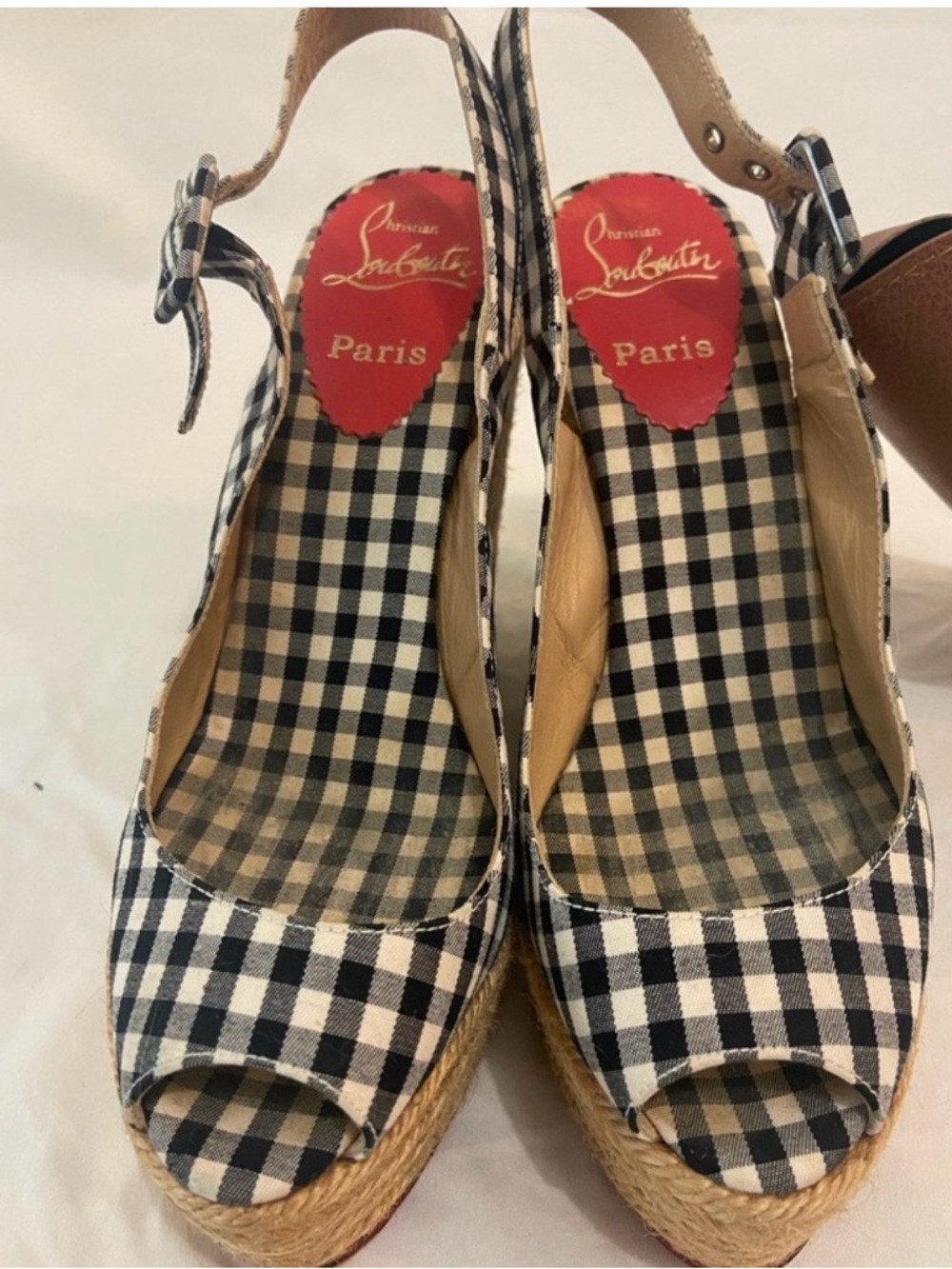Christian Louboutin Black and White Gingham Espadrille Wedge Slingback